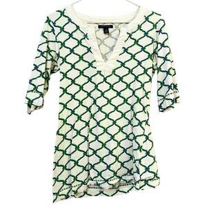 Tommy Hilfiger Quatrefoil Split Neck Half Sleeve Top Blue Green Small